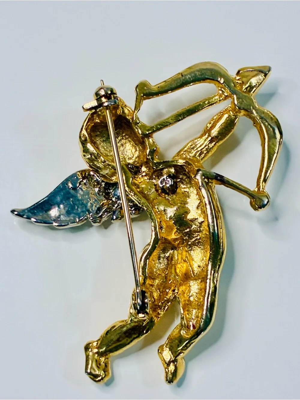 Distressed Gold-Tone Cupid Brooch with Clear Rhinestones Classic Valentine READ